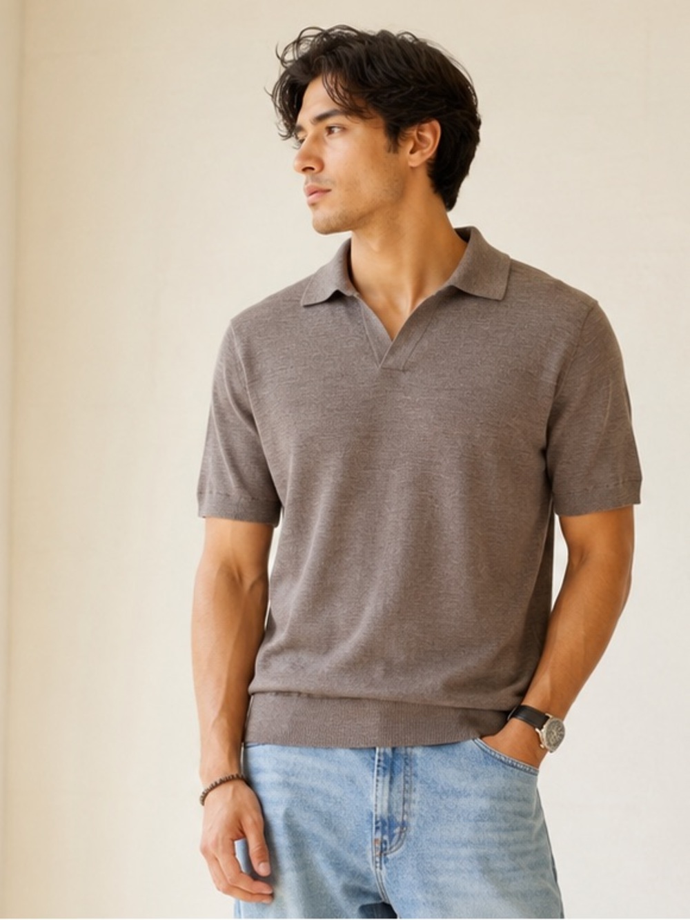 SuitSupply Merino Wool Knit Polo Taupe Tan Luxury Italian Style Sz M